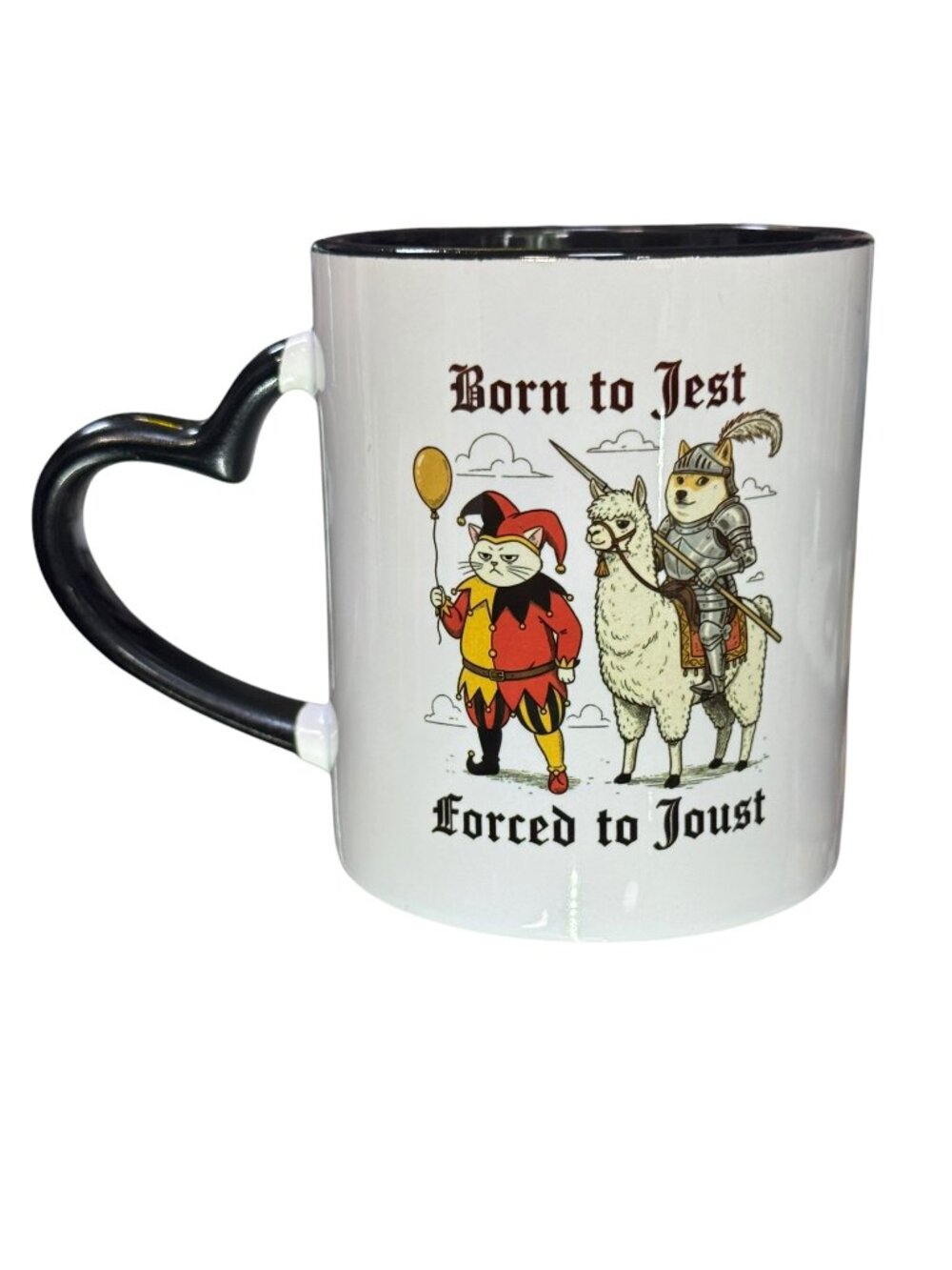 Born to Jest Forced to Joust Funny Coffee Mug, White with Black Heart Handle, 11
